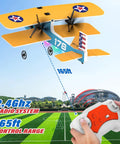 Hands holding remote controlling Beginner Friendly RC Plane With 6 Axis Gyro Stabilizer And 2 4Ghz Remote, PT17 Toy Airplane, Yellow.