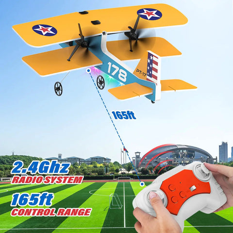 Hands holding remote controlling Beginner Friendly RC Plane With 6 Axis Gyro Stabilizer And 2 4Ghz Remote, PT17 Toy Airplane, Yellow.