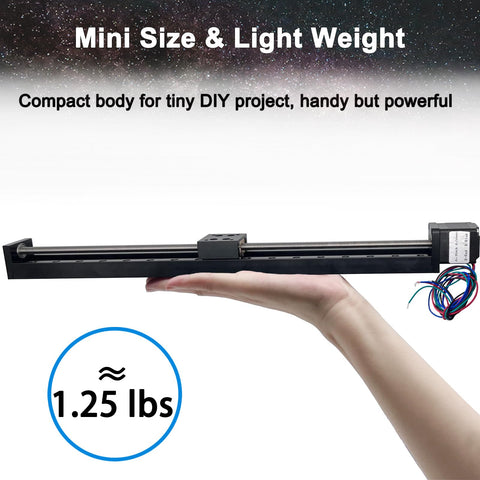 Hand holding 12 Inch Mini Linear Rail Stage Actuator With 300mm Travel For DIY CNC Router with NEMA11 Stepper Motor