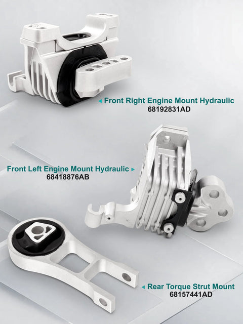 Three Piece Engine And Transmission Mounts Set For 2014 Through 2021 Cherokee And 2015 Through 2019 Chrysler 200 2.4L Replacement OE Numbers 68192831AF 68418876AB 68157441AD Beefed Up Mounts For Smooth Engine And Transmission Support showing three separate hydraulic mounts.