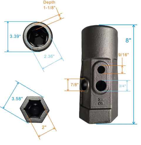 Heavy Duty 2 Inch Female Hex Auger Bit Adapter Repair Hub Replacement Connector For Standard Drill Shaft showing dimensions.