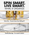 Two Tier Lazy Susan Turntable Organizer for Cabinets and Pantry Rotating Spice and Condiment Organizer with clear outer rim.
