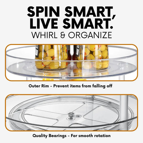 Two Tier Lazy Susan Turntable Organizer for Cabinets and Pantry Rotating Spice and Condiment Organizer with clear outer rim.
