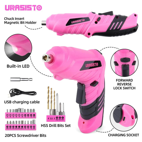 Lightweight Pink Cordless USB Electric Screwdriver Kit With 3.6V Drill Driver For Home DIY Women Friendly Tool Set Easy To Use