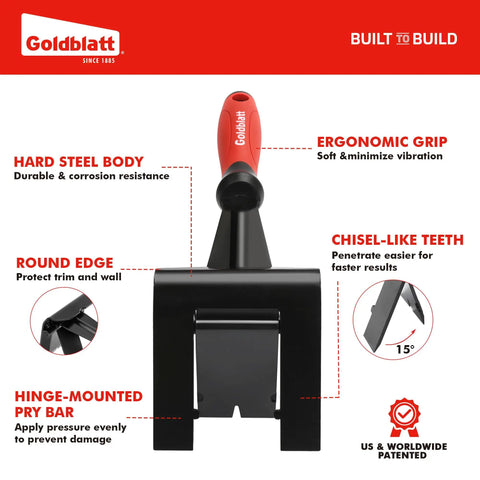 Trim Puller 4 Inch Tile Removal Multi Tool For Pro Grade Easy Home Improvement And Remodeling Projects With A Wide Contact Surface For Safe Baseboard Molding Siding And Floor Removal On Commercial Or DIY Jobs, front view with ergonomic grip and chisel-like teeth.