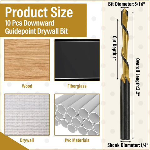 10 Pack 3 16th Inch Drywall Router Bits M2 High Speed Steel Cutting Bits For Downward Router Cutouts And Rotary Guidepoint Drill Tool DIY Friendly 3.2 Inch Total Length 1 Inch Cutting Depth Yellow And Black, 3/16 in bit