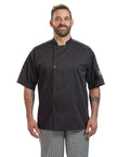 Badass Short Sleeve Chef Jacket In Sharp Black features a double breasted front, worn by a man, size 2XL, ideal for warm kitchens.