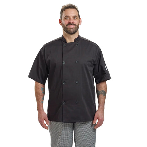 Badass Short Sleeve Chef Jacket In Sharp Black features a double breasted front, worn by a man, size 2XL, ideal for warm kitchens.