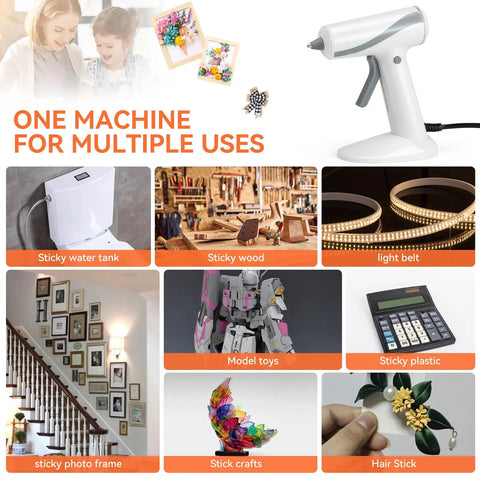 Mini Hot Glue Gun Kit With 30 Glue Sticks High Temp for crafts and repairs, shown with uses including crafts, toys, and home fixes.