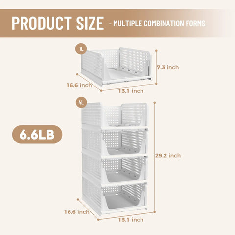 Stackable Plastic Storage Baskets 4 Pack Foldable Closet Organizers showing 1L and 4L sizes with 16.6x13.1x7.3 inches dimensions