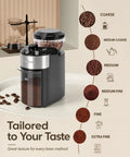 Premium Electric Burr Coffee Grinder With 28 Precision Settings And Anti Static Build, showcasing grind settings for espresso, french press.
