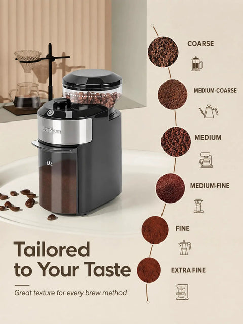 Premium Electric Burr Coffee Grinder With 28 Precision Settings And Anti Static Build, showcasing grind settings for espresso, french press.