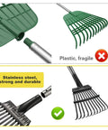 Comparison of plastic vs stainless steel garden rakes, highlighting durability, for the 72 Inch Adjustable Garden Rake With Expandable Head For Leaf Debris Cleanup In Lawns And Gardens, Long Reach Tool From 15 To 72 Inches, 1 Inch Aluminum Handle For Less Bending And Gentle Plant Care.