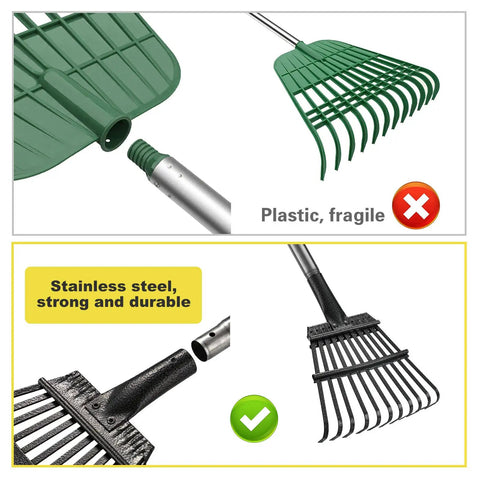 Comparison of plastic vs stainless steel garden rakes, highlighting durability, for the 72 Inch Adjustable Garden Rake With Expandable Head For Leaf Debris Cleanup In Lawns And Gardens, Long Reach Tool From 15 To 72 Inches, 1 Inch Aluminum Handle For Less Bending And Gentle Plant Care.