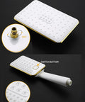 UBNMIUBV Shower System with Shower Head handheld shower head featuring a white and gold design with switch button and 360-degree connection.