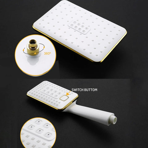UBNMIUBV Shower System with Shower Head handheld shower head featuring a white and gold design with switch button and 360-degree connection.