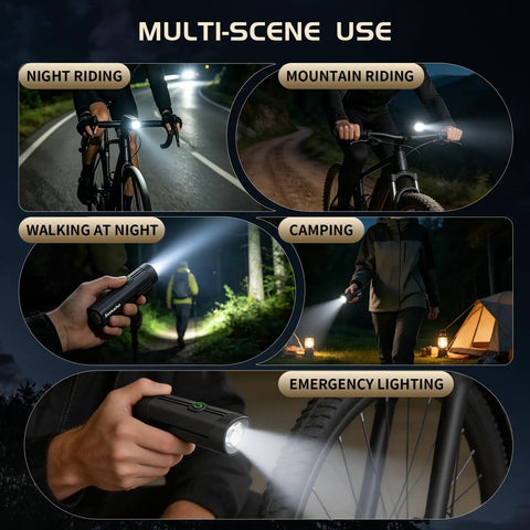 Multi-scene use of 400 Lumen Rechargeable Bike Headlight for Night Riding, showing versatility in cycling and emergency lighting.