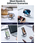 Foldable Aluminum Phone Stand For Desk Adjustable Viewing Angle Portable Travel Companion shown in various scenarios.