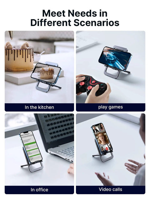 Foldable Aluminum Phone Stand For Desk Adjustable Viewing Angle Portable Travel Companion shown in various scenarios.