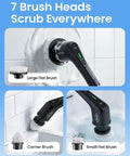 Electric Spin Scrubber Cordless Cleaning Brush Set With 8 Replaceable Heads Dual Speed Power Scrubber For Tub And Floor Tile Adjustable Detachable Handle No Fuss Cleaning For Grout, Shower, And Bathroom All Black with 7 brush heads shown