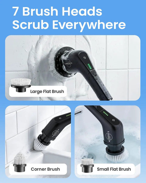 Electric Spin Scrubber Cordless Cleaning Brush Set With 8 Replaceable Heads Dual Speed Power Scrubber For Tub And Floor Tile Adjustable Detachable Handle No Fuss Cleaning For Grout, Shower, And Bathroom All Black with 7 brush heads shown