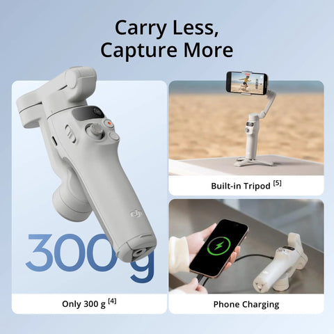 Osmo Mobile 7 Gimbal Stabilizer for iPhone and Android with built-in tripod, shown on beach and charging phone, tagline 'Carry Less, Capture More'