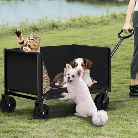 3 In 1 Foldable Wagon Cart With 360 Pounds Capacity Heavy Duty Collapsible Utility Wagon For Grocery Camping Beach Shopping Garden Black All Terrain Wheels Quick Fold Portable Design being pulled on grass with pets inside