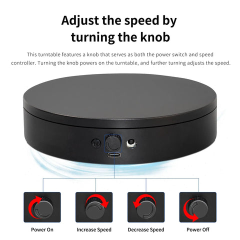 Knob controls for power and speed on Foxvee Remote Control Electric Turntable Display Stand 360 Degree Silent Spinning Platform.