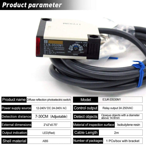 Plug-And-Play Photoelectric Beam Sensor Switch With 30cm Detection Range Diffuse Reflection Infrared Proximity Sensor For Industrial Control 12-240VDC And 24-240VAC Compatible E3JK-DS30M1 with cables on specifications sheet.
