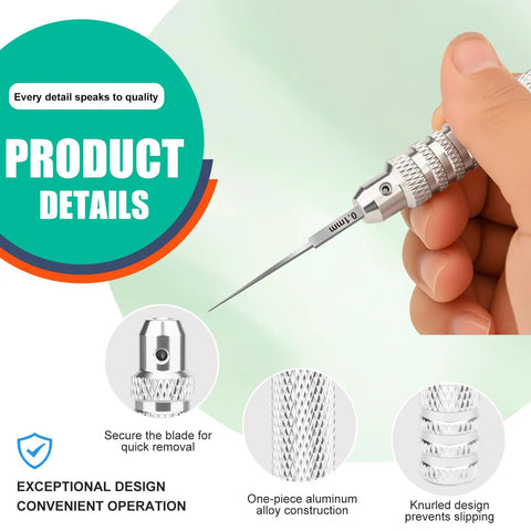 Close-up of Professional Grade Seven Piece Alloy Scribing Tool Kit With Hella Sharp Micro Blades, featuring a textured aluminum handle.