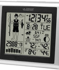 Go To Atomic Forecast Station With Fisherman Icon, Indoor Outdoor Temperature And Humidity, Barometer, Sunrise Sunset displayed in silver frame.