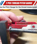 Close-up of 61Pcs Thread Repair Kit with red handle, showing threaded bolt and die/tap assembly