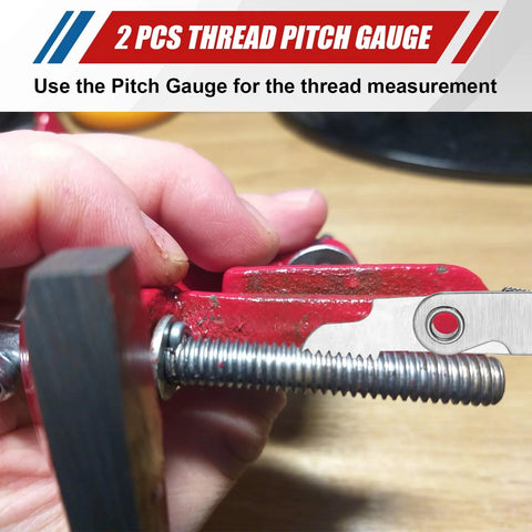 Close-up of 61Pcs Thread Repair Kit with red handle, showing threaded bolt and die/tap assembly