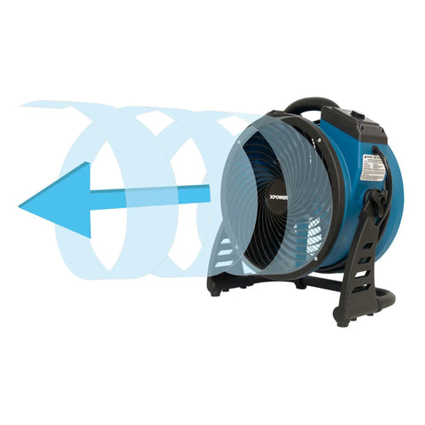 Industrial Axial Air Mover With Built In Power Outlets for Water Damage Restoration and Home Use 1300 CFM shown in operation.