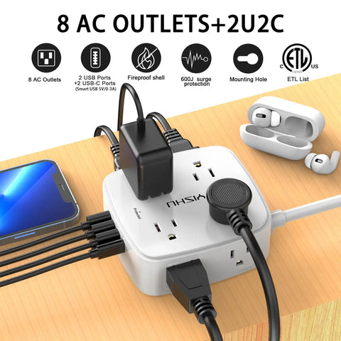 Heavy Duty Surge Protector Power Strip With Six Foot Cord And Eight Wide Outlets Plus Four Fast Charge Usb Ports, showing eight AC outlets and USB ports.