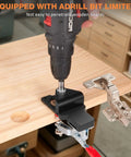 35mm Cabinet Door Concealed Hinge Jig With Quick Clamps And Snap-On Ruler For Adjustable Edge Margins being used with drill on wood.