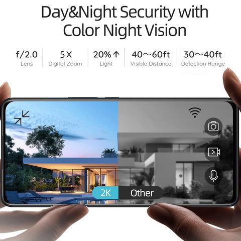 Hands holding a smartphone displaying a split 2K day and night view of a house, showcasing the 4 Pack 5G And 2 4G Wireless Security Cameras Outdoor Indoor Battery Powered 2K AI Motion Detection Siren Alarm WiFi Home Surveillance Color Night Vision Two Way Talk IP65 Waterproof Alexa Compatible Cloud Or SD Storage capabilities.