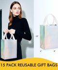 Woman holding Iridescent Glossy Gift Bags Set, 15 Pcs Medium Size 8x4x10 Inch With Handles, Holographic Reusable Gift Bags
