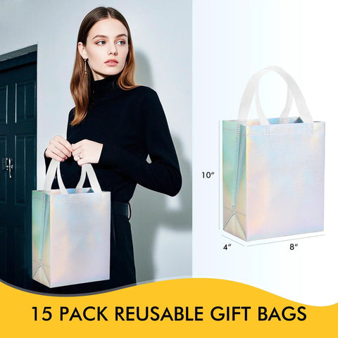 Woman holding Iridescent Glossy Gift Bags Set, 15 Pcs Medium Size 8x4x10 Inch With Handles, Holographic Reusable Gift Bags