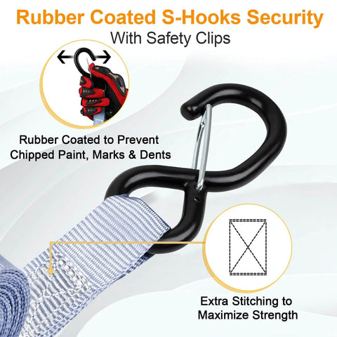 Heavy Duty Ratchet Tie Down Straps Set With 1650Lb Break Strength showing rubber-coated S-hook with safety clip and stitching.
