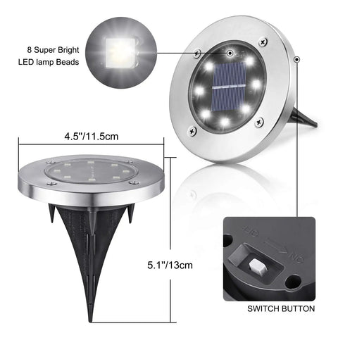 Outdoor Solar Ground Lights 16 Pack No Fuss 8 LED Per Light, Waterproof Disk Pathway Lights with dimensions and switch button