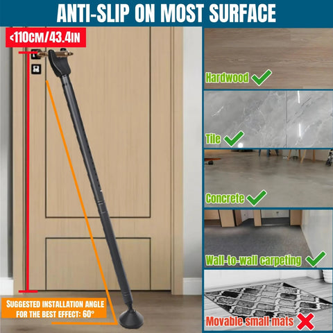 2 Pack Door Security Bars Anti Slip Heavy Duty Door Stoppers For Hinged Doors And Sliding Patio Doors, 2 In 1 Adjustable Jammer Barricade Security Door Lock Bar For Apartment Home Travel Hotel Room shown installed on a wooden door.