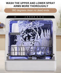 No Sweat Plug And Play Countertop Dishwasher With Heated Dry Mode And Dual Spray Arms Self Contained 5 Liter Tank washing dishes with dual spray arms.