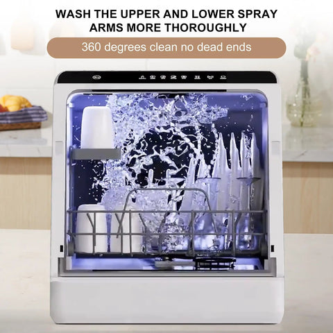 No Sweat Plug And Play Countertop Dishwasher With Heated Dry Mode And Dual Spray Arms Self Contained 5 Liter Tank washing dishes with dual spray arms.