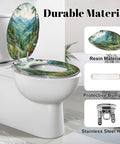 Elongated Mountain Valley Landscape Pine Forest Wildflowers Toilet Seat with resin material, stainless steel hinge, and protective bumpers.