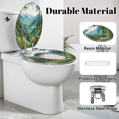 Elongated Mountain Valley Landscape Pine Forest Wildflowers Toilet Seat with resin material, stainless steel hinge, and protective bumpers.