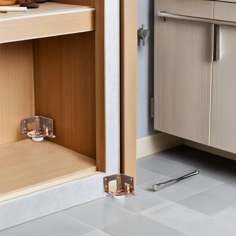 Heavy Duty Adjustable Furniture Leveling Feet 4 Pack Cold Rolled Steel With Lock Nut Levelers installed under cabinet base