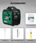 2500 Watt Portable Inverter Generator for Camping and RVs with accessories, including oil funnel, wrench, screwdriver, manual