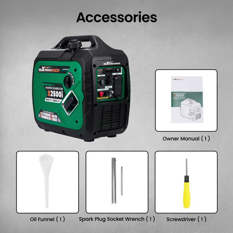 2500 Watt Portable Inverter Generator for Camping and RVs with accessories, including oil funnel, wrench, screwdriver, manual