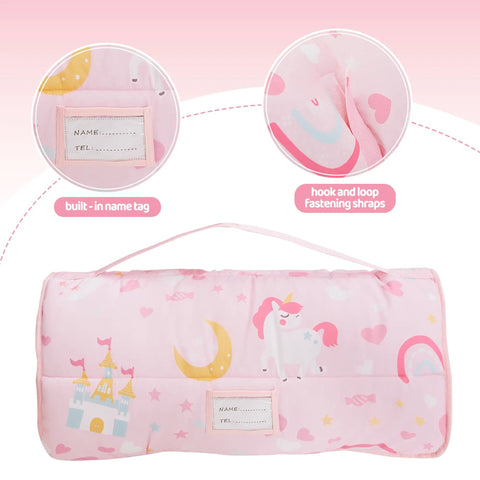 Pink Princess Toddler Nap Mat For Preschool Girls With Removable Blanket And Pillow Unicorn Castle Pattern Slumber Bag features